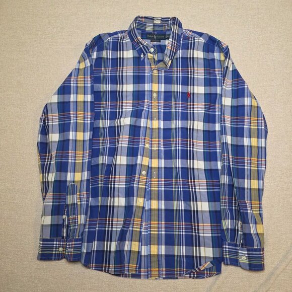 Ralph Lauren Custom Fit Button Down Shirt XXL Blue Yellow Plaid Long Sleeve Clas - Picture 1 of 6